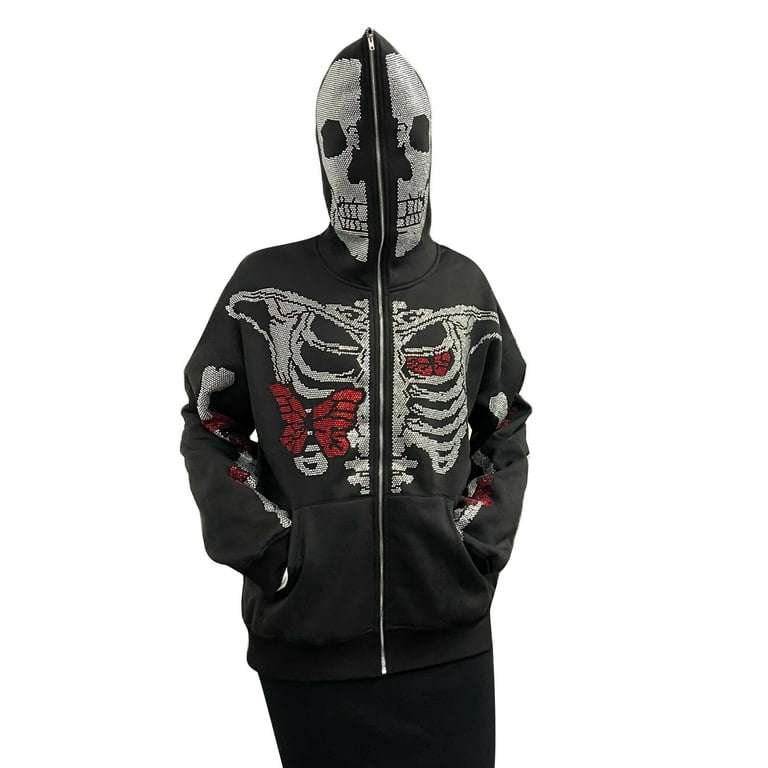 Wassery Women s 2000s Gothic Zip Up Oversized Hoodie Long Sleeve Tops Skull Hoodie Coat Vintage Graphic Aesthetic Sweatshirt Pullover