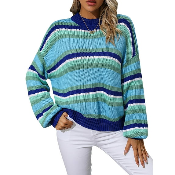 Wassery Women's Casual Loose Striped Drop Shoulder Long Sleeve Sweater Pullover Top Knitwear for Fall Warm Streetwear