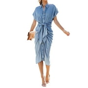 Wassery Women's Denim Dress Short Sleeve V Neck Tie Front Ruched  Dress， Button Down Midi Dress Summer  Blue Slim Clothes S-XXL