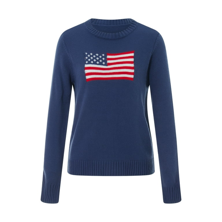 Wassery Women's Junior Sweater Long Sleeve Crew Neck American Flag Print Knit  Pullover Loose Fit Pullover Jumper Tops for Women 