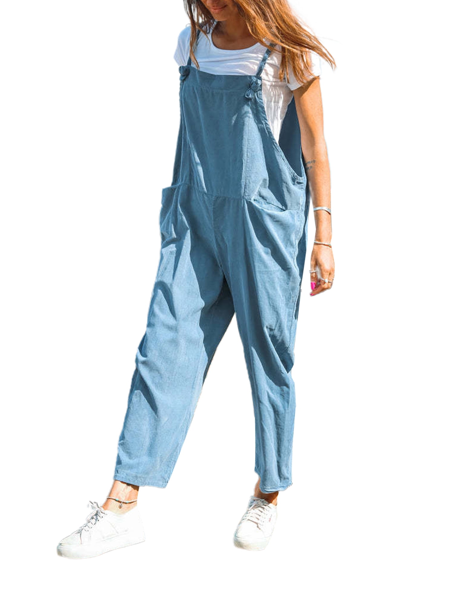 Wassery Women's Juniors Long Jumpsuit Pants Casual Sleeveless Solid Color  Baggy Romper Wide Leg Bib Pants Overalls with Pockets Streetwear for Teen  Girls 