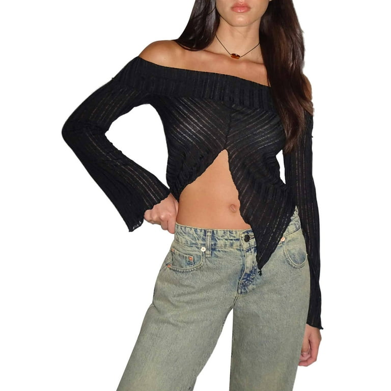 Solid off shoulder long sleeve slit cuff blouse deals