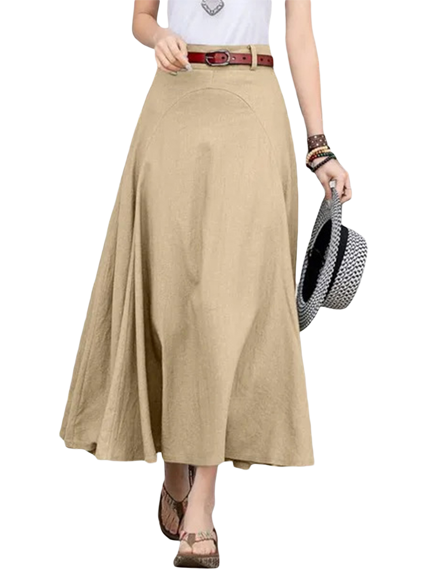 Wassery Women's Long Skirts Vintage High Waist Solid Color Midi Skirts