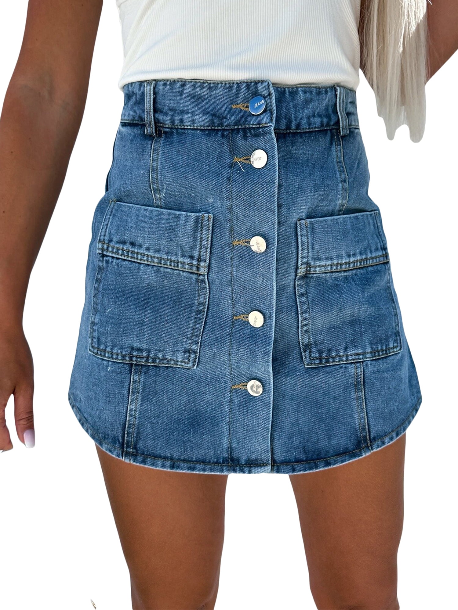 Wassery Women s Mini Denim Skirts Women Vintage High Waist Denim Skirt Front Pocket Button Down Jean Skirts Streetwear Walmart
