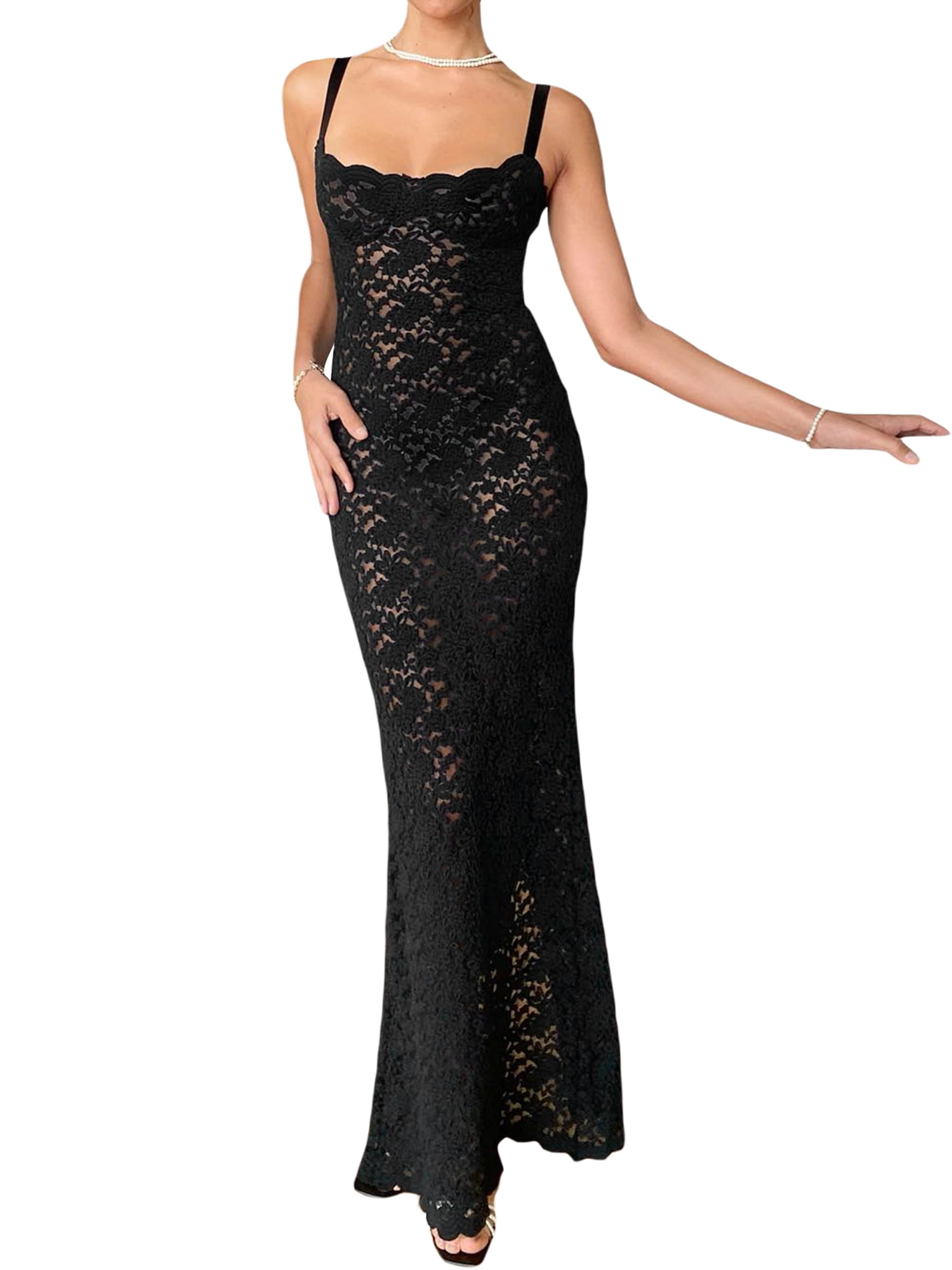 Wassery Women 's Sheer Lace Maxi Dress Sexy Mesh See Through Long Dress ...
