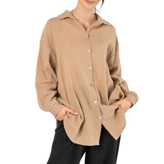 Wassery Women's Spring Fall Loose Shirt Solid Color Long Sleeve Lapel Button Closure Cardigan Casual Tops Streetwear