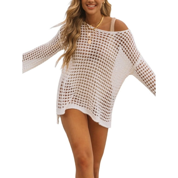Wassery Women's Summer Crochet Knit Bikini Cover Ups Beach Cover Up Long Sleeve Crewneck Hollow Beachwear Swimwear Cover Ups Knitwear