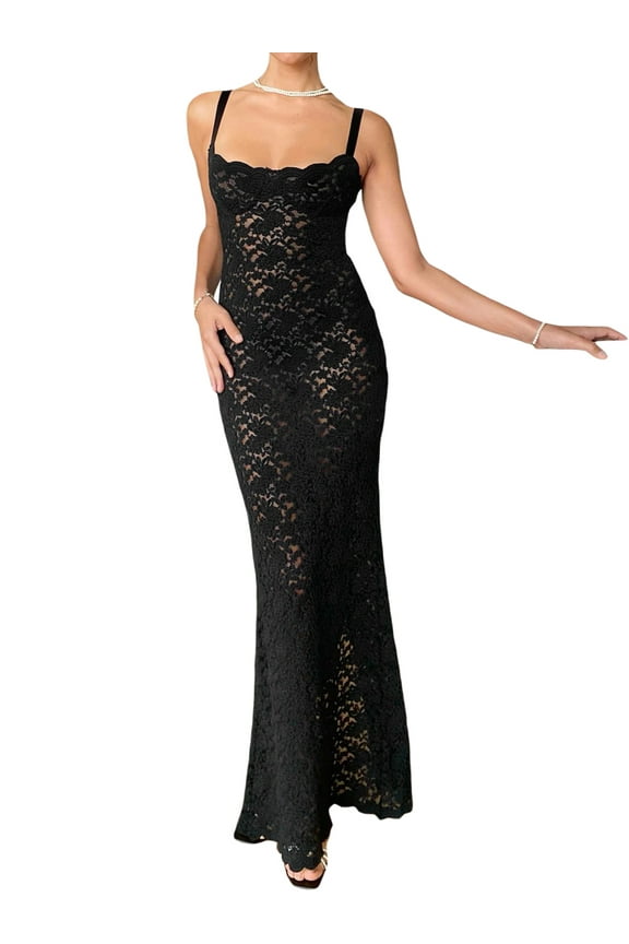 Women 's Y2K Sheer Lace Maxi Dress Sexy Mesh See Through Long Dress Sleeveless Backless Split Hem Bodycon Dresses Summer Cocktail Dress