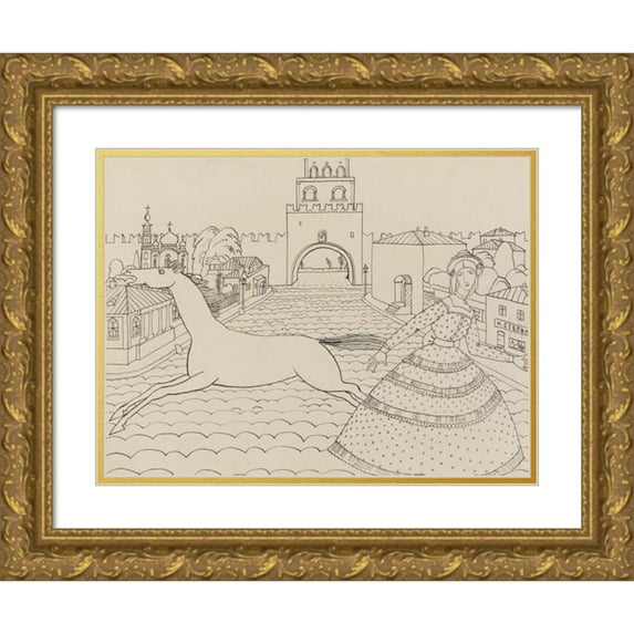 Wassily Kandinsky 18x15 Gold Ornate Wood Frame and Double Matted Museum Art Print Titled - Drawing ‘With Green Lady’ (Drawing for ‘With Green Lady’))