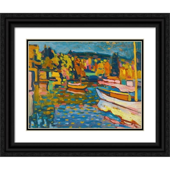 Wassily Kandinsky 24x19 Black Ornate Framed Double Matted Museum Art Print Titled: Study for Autumn Landscape with Boats (1908)