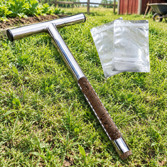 Wassolls 12" Soil Sampler Probe, Heavy-Duty Thick-Wall Stainless Steel Soil Sampling Tool with Depth Markings & 2 Reusable Sample Bags, T-Handle Soil Test Probe for Garden, Lawn & Family Farm 1Kit