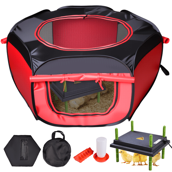 Wassolls Chicken Brooder Box for Chick Starter Kit with Heating Plate & Feeder & Waterer, Foldable 45" Brooder Tent for Indoor Use, Black Red