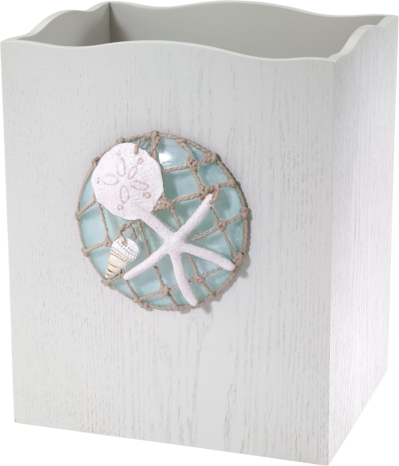 Whitewashed Resin Nautical Waste Basket with Shell Decoration