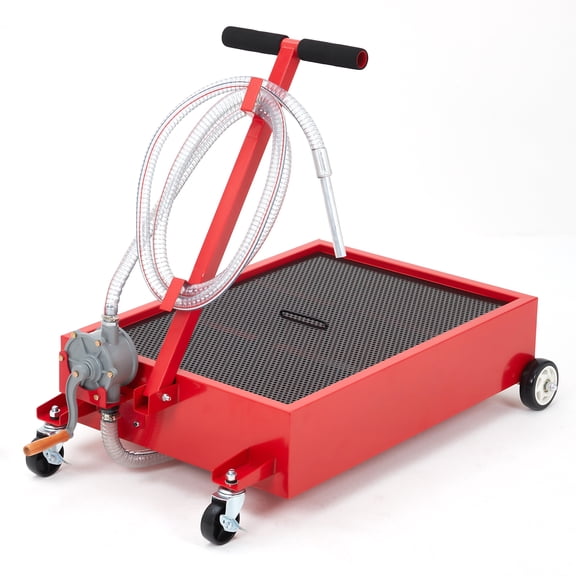 Waste Oil Drain Pan with Pump, 15 gal Low Profile Manual Oil Drain Change Pan with 8.2 ft Hose & Folding Handle, Rolling Oil Drain Cart for Truck, RVs, Buses, Red