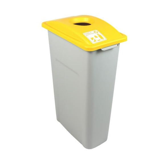 Waste Wise 23 Gallon Slim Slender Recycled Plastic Trash Can and Recycling Bin with Handles and Lid for Commercial Spaces - (Yellow/Grey, Cans & Bottles)