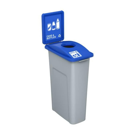 Waste Wise 23 Gallon Slim Slender Recycled Plastic Trash Can Waste and Recycling Bin for Homes, Schools, and Commercial Spaces - (Blue w/ Sign, Cans & Bottles)