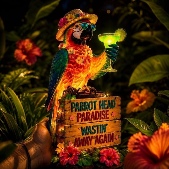 Wastin' Away Again LED Parrot Decor, Parrot Head Paradise Warm Light Table Ornament, Tropical Island Style Decor for Home Bar, Shelf, Mantel & Patio