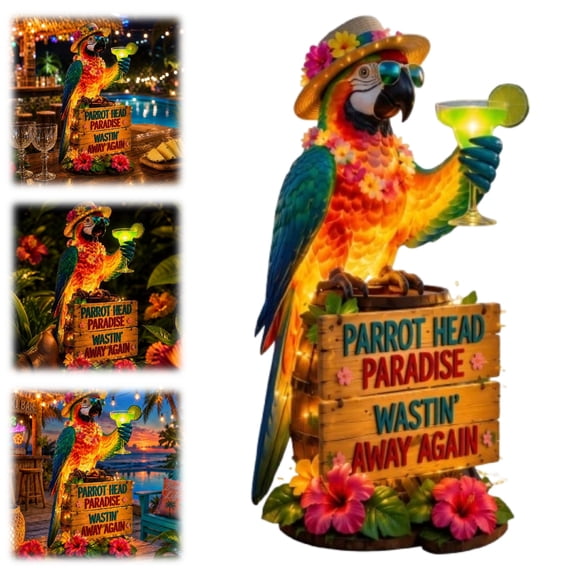 Wastin' Away Again LED Parrot Decor, Parrot Head Paradise Warm Light Table Ornament, Tropical Island Style Decor for Home Bar, Shelf, Mantel & Patio