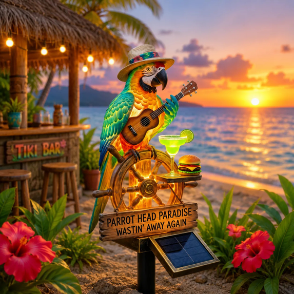 Wastin' Away Again Parrot Solar Garden Light, Colorful LED Outdoor Lamp, Weatherproof Tropical Sculpture for Beach Party, Backyard, Tiki Bar & Home Decoration