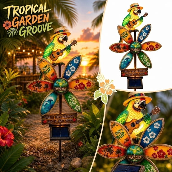 Wastin' Away Again Spinning Windmill Solar Light, Tropical Parrot Garden Stake, Auto On/Off Outdoor Decor for Backyard, Poolside, Lawn & Summer Parties