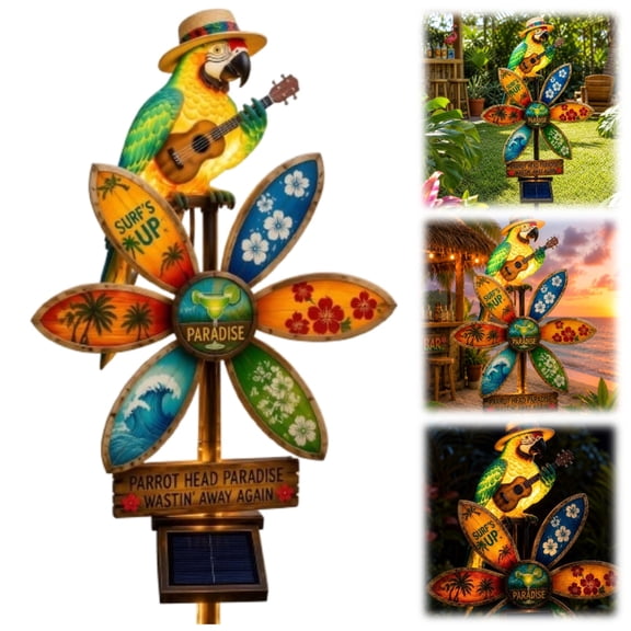 Wastin' Away Again Spinning Windmill Solar Light, Tropical Parrot Garden Stake, Auto On/Off Outdoor Decor for Backyard, Poolside, Lawn & Summer Parties