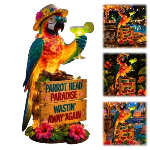 Wastin' Away Again Wooden Barrel Parrot LED Light, Tropical Island Style Table Decor, Warm Glow Ornament for Tiki Bar, Home Bar, Shelf & Party Decoration