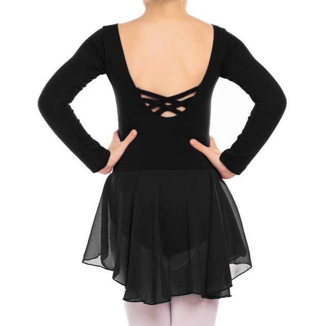 Wataxii Black Ballet Leotard with Skirt for Girls Long Sleeve Leotards