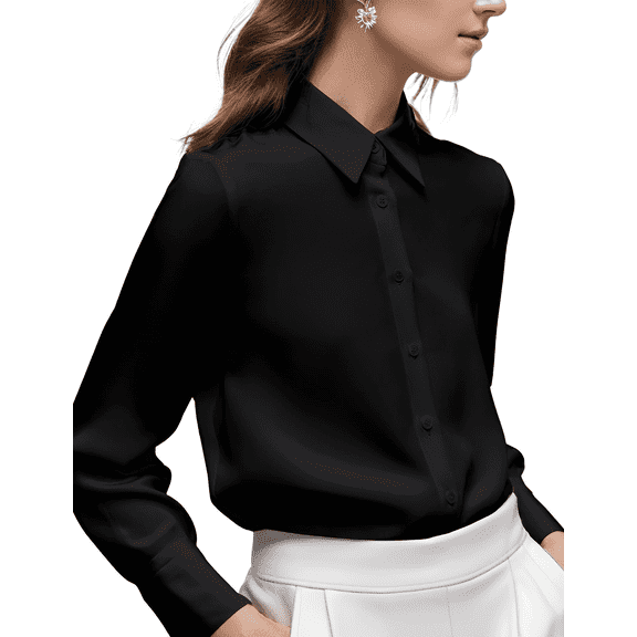 Weardear Black Blouses for Women Dressy Casual Long Sleeve Button Down Shirt Collared Work Office Business Chiffon Blouse Shirt Tops