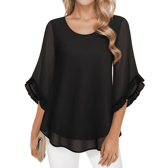 Weardear Blouses for Women Dressy Casual Womens 3/4 Ruffle Sleeve Tops Flowy Chiffon Blouses Double Layers Casual Shirts Tops