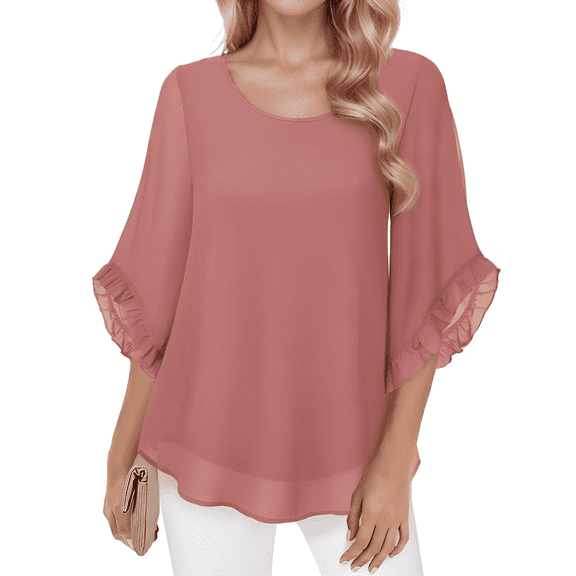 Weardear Blouses for Women Dressy Casual Womens 3/4 Ruffle Sleeve Tops Flowy Chiffon Blouses Double Layers Casual Shirts Tops