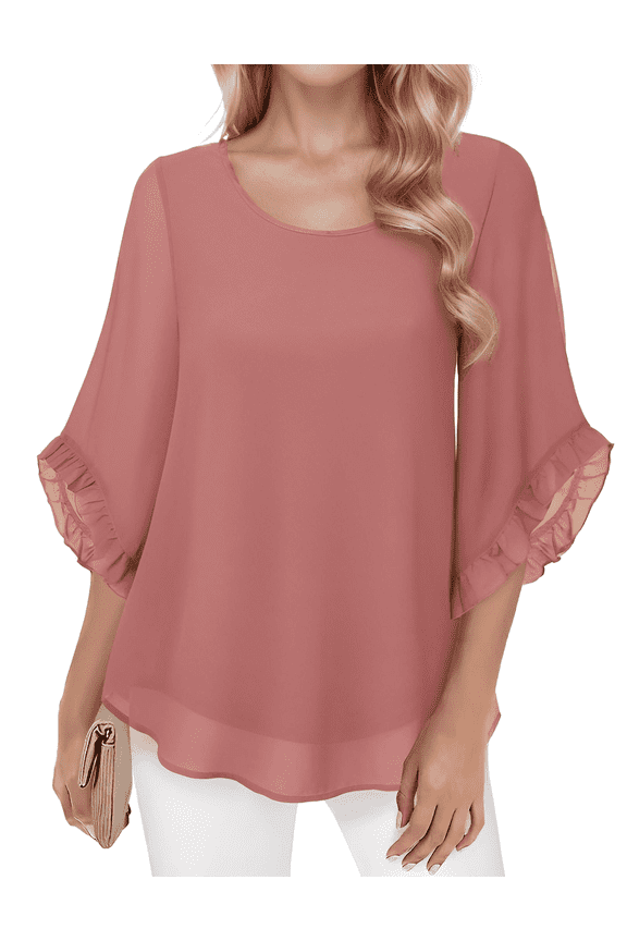 Blouses for Women Dressy Casual Womens 3/4 Ruffle Sleeve Tops Flowy Chiffon Blouses Double Layers Casual Shirts Tops