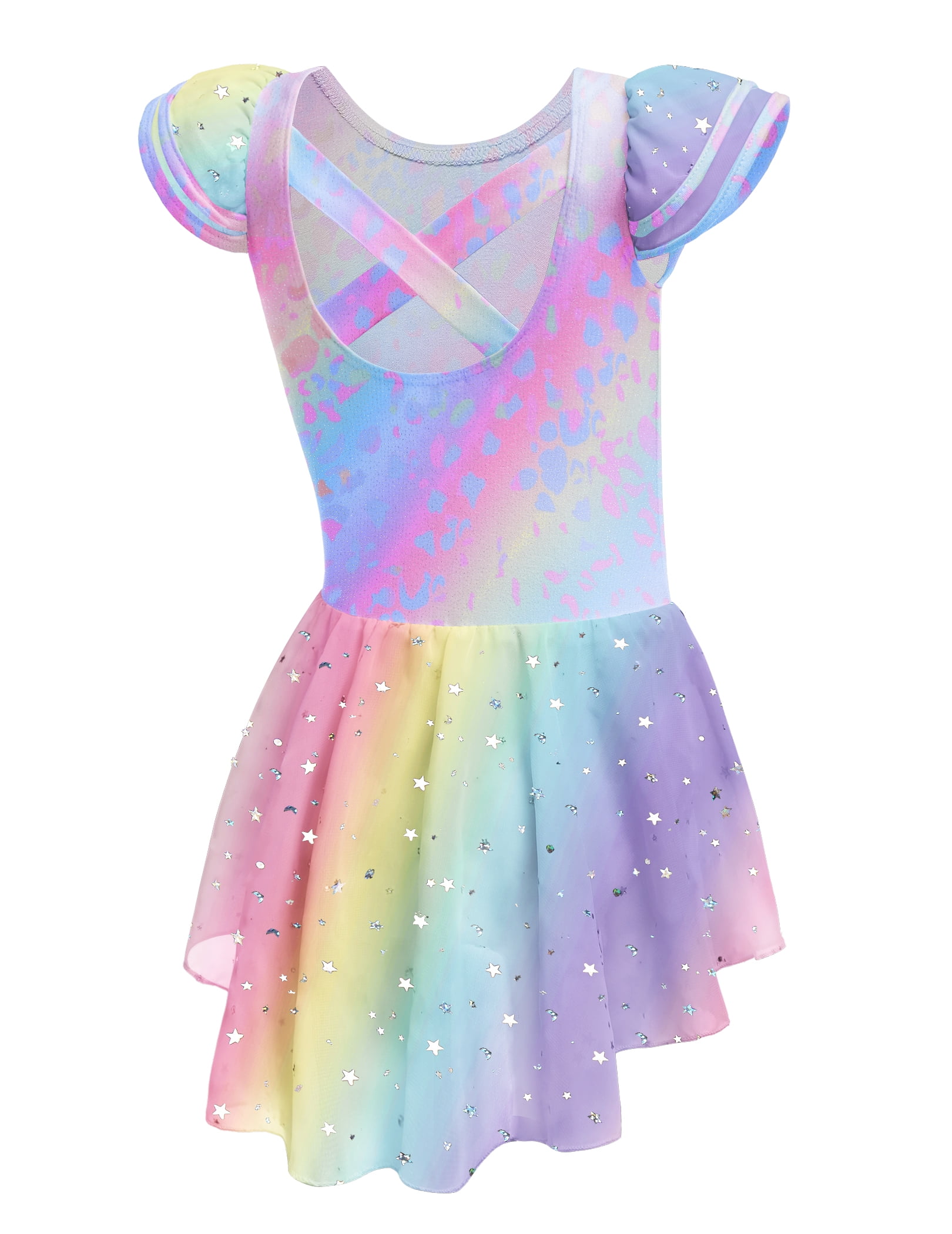 Wataxii Girls Ballet Leotard with Skirt Shiny Ruffle Sleeve Dance