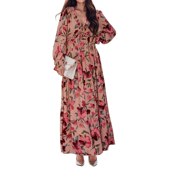 Wataxii Long Sleeve Dress for Women Casual Maxi Dress Boho Evening Dresses Wedding Guest Dresses Cocktail Party Vacation Beach Dress