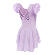 Wataxii Purple Ballet Leotard for Girls Leotards for Ballet with Skirt Dance Leotard for Kids Shiny Ruffle Sleeve Toddler Dancewear Size 3t-11Y