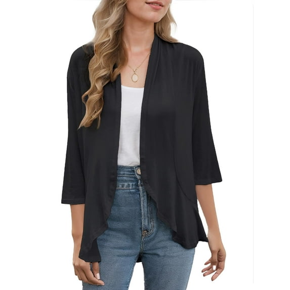 Weardear Women Cardigan 3/4 Sleeves Open Front Lightweight Cardigan Draped Ruffles Knit Cardigan