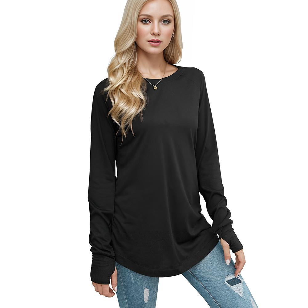 Wataxii Women's Casual Long Sleeve Tops Crew Neck Round Hem Loose T