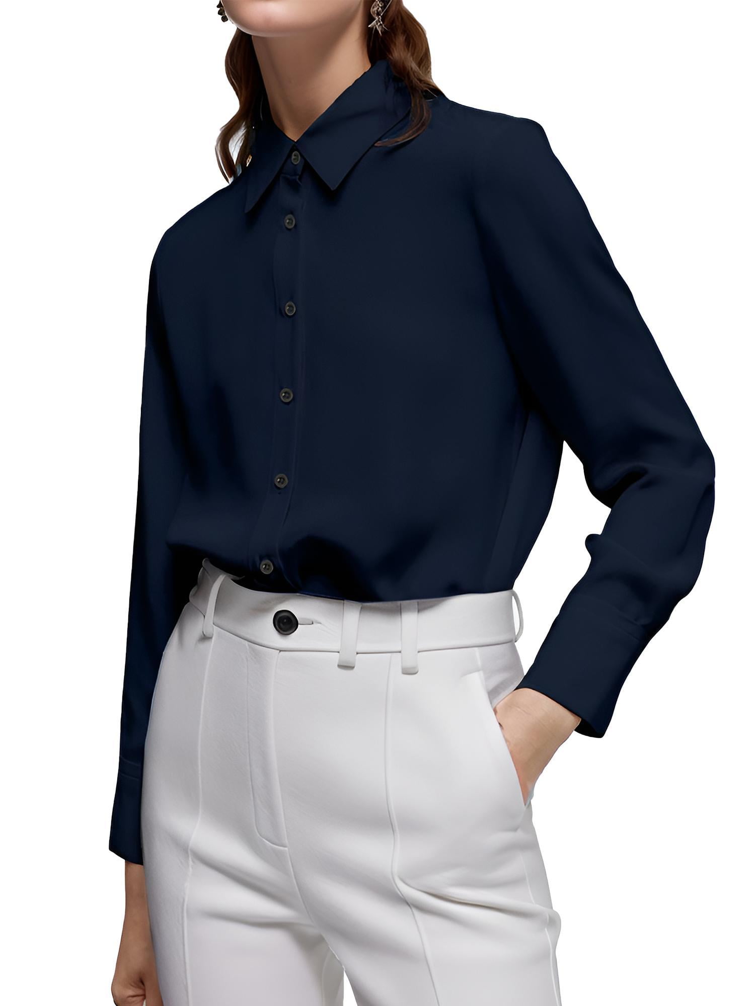 Wataxii Women's Chiffon Button Down Shirt Classic Long Sleeve Collared