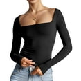 thumbnail image 1 of Weardear Women's Sexy Long Sleeve Crop Top Square Neck Double Lined Basic Slim Fit T Shirt, 1 of 6