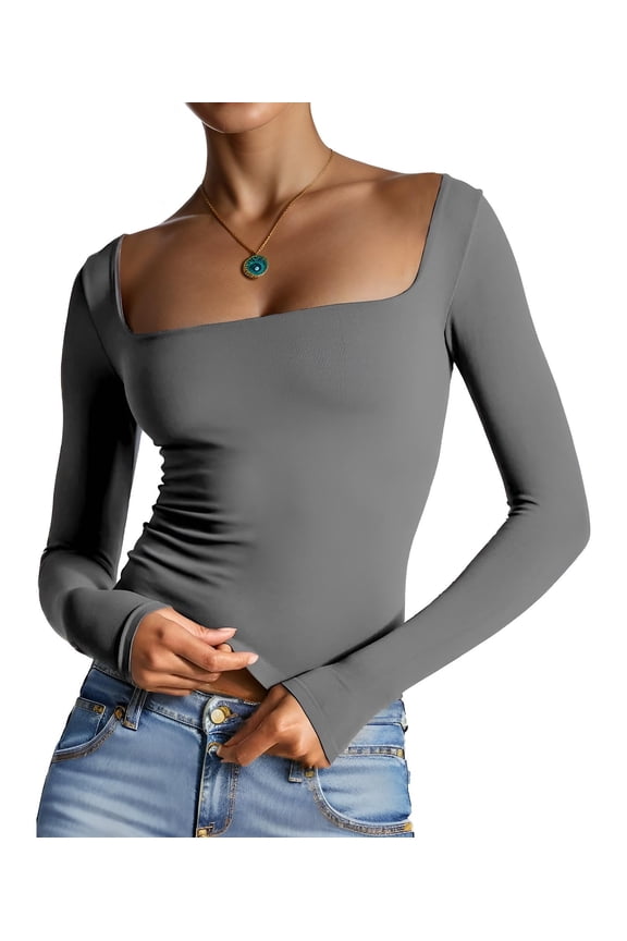 Women's Sexy Long Sleeve Crop Top Square Neck Double Lined Basic Slim Fit T Shirt