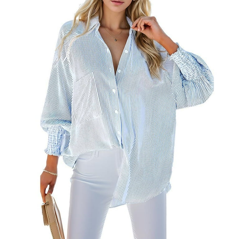 Wataxii Women's Smocked Cuffed Striped Boyfriend Shirt with Wataxii Women's Smocked Cuffed Striped Boyfriend Shirt with