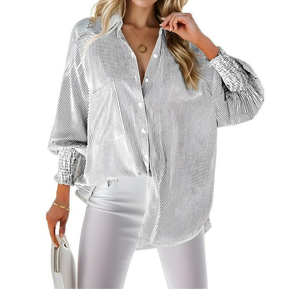 Weardear Women's Smocked Cuffed Striped Boyfriend Shirt with Pocket Casual Collar Long Sleeve Blouse Tops