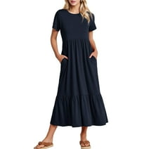 Wataxii Women's Summer Casual Short Sleeve Crewneck Swing Dress Flowy Tiered Maxi Beach Dress with Pockets