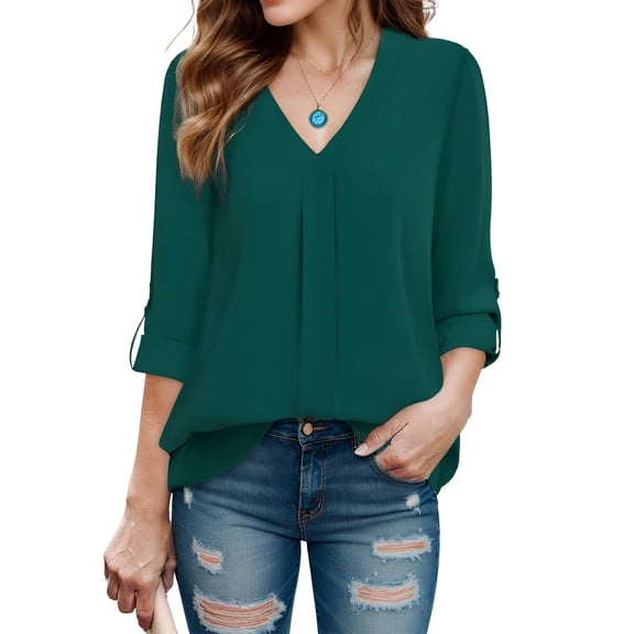 Weardear Womens 3/4 Cuffed Sleeve V Neck Casual Blouse Shirt Tops