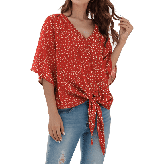 Weardear Womens Blouses Dressy Casual Womens 3/4 Batwing Sleeve Red Tops Flowy Chiffon Blouses for Women V Neck Tie Front Summer Tops Shirts