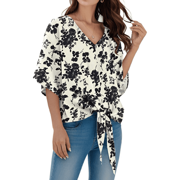 Wataxii Womens Blouses Dressy Casual Womens 3/4 Batwing Sleeve Tops Flowy Chiffon Blouses for Women V Neck Tie Front Summer Tops Shirts