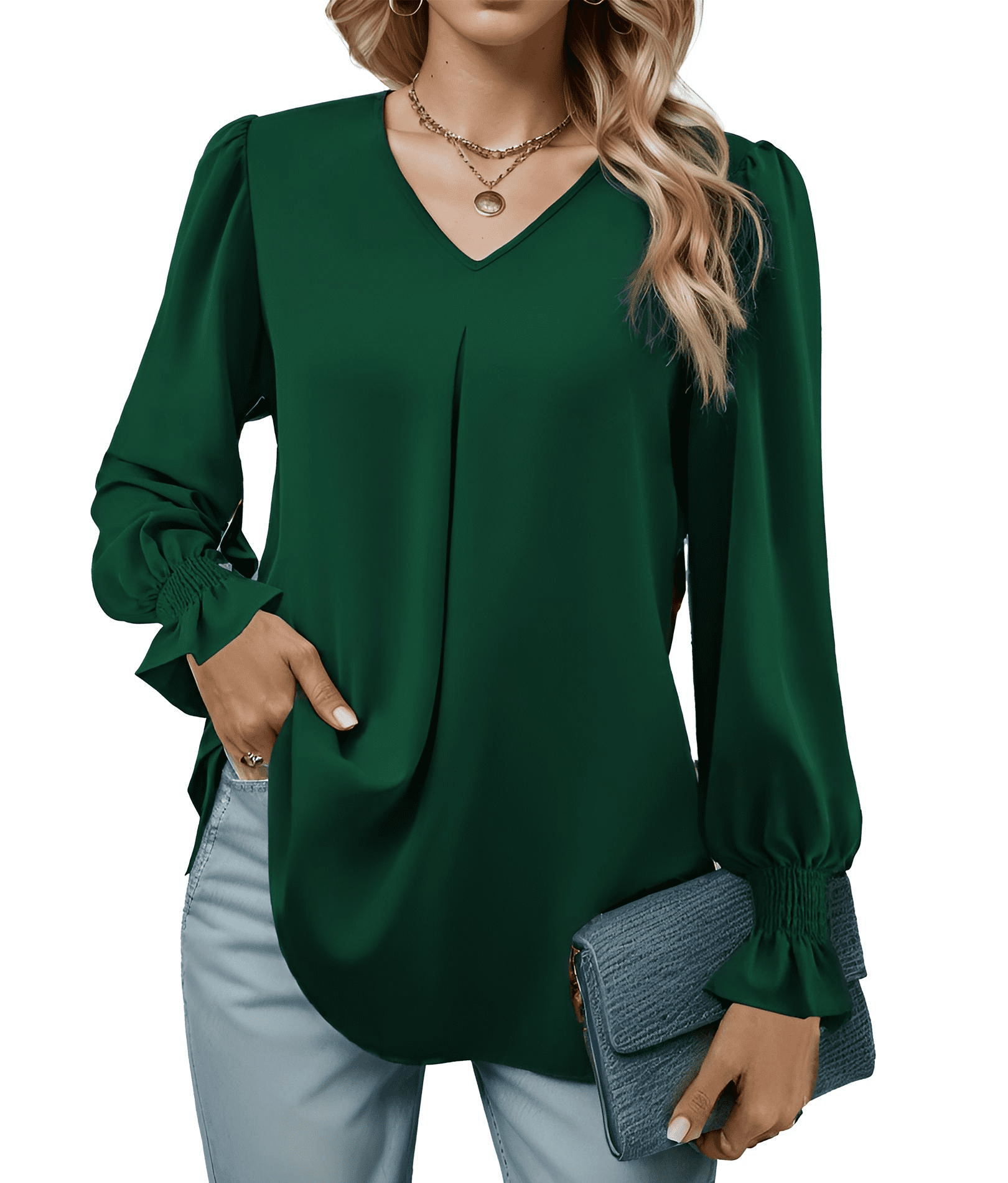 JWZUY Womens Chiffon Tops Long Sleeve Ruffle Collar V Neck Blouses  Button-Down Shirts for Work Business Casual T Shirts Army Green XL 