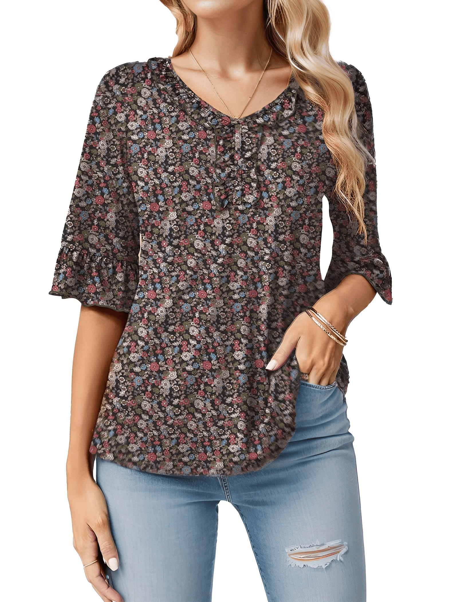 Wataxii Womens Blouses Tunic Tops V Neck 3/4 Bell Sleeve Tops Casual