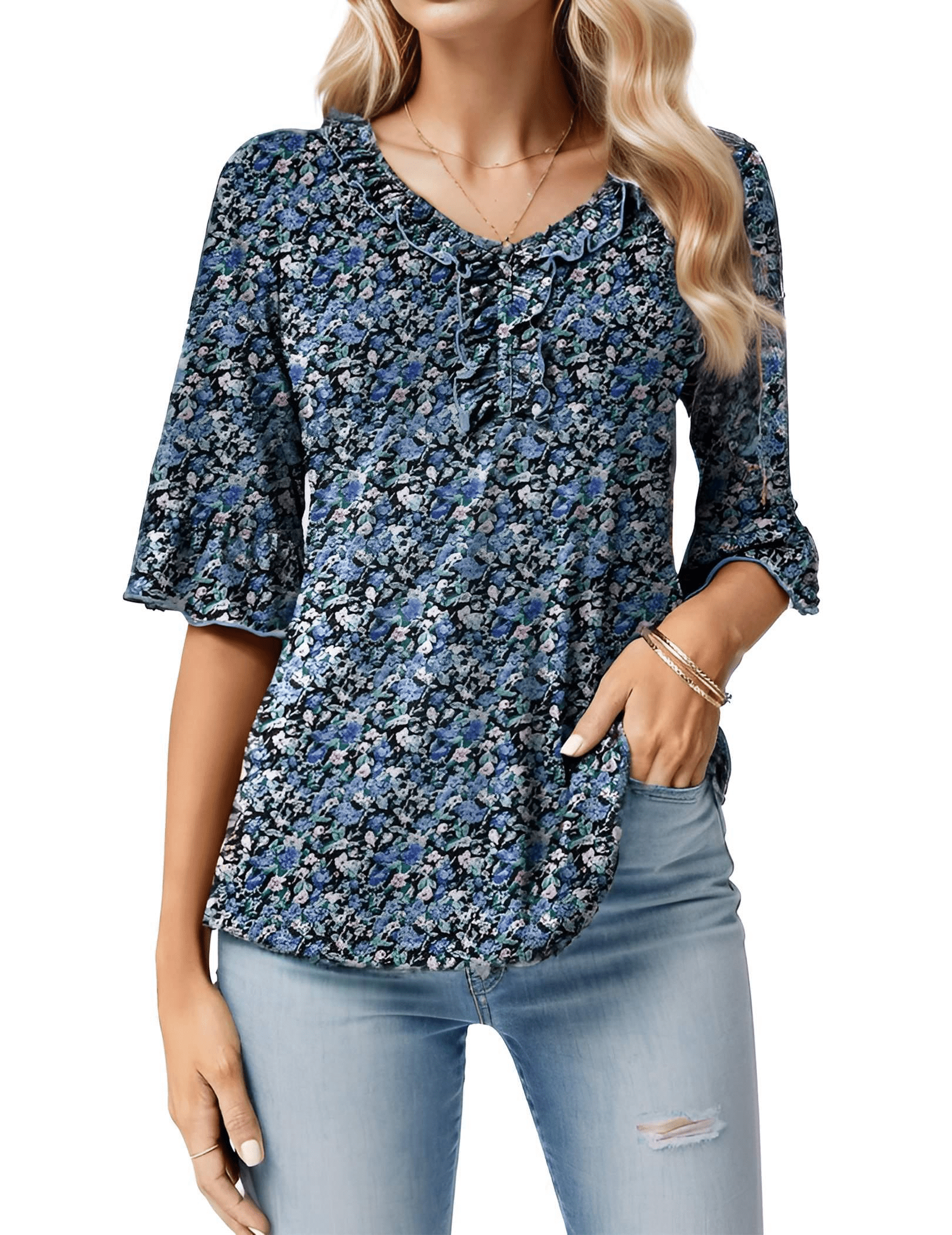 Wataxii Womens Blouses Tunic Tops V Neck 3/4 Bell Sleeve Tops Casual
