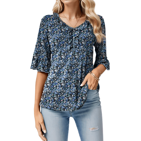 Weardear Womens Blouses Tunic Tops V Neck 3/4 Bell Sleeve Tops Casual Tops for Women Loose Summer Flowy Tops Shirts
