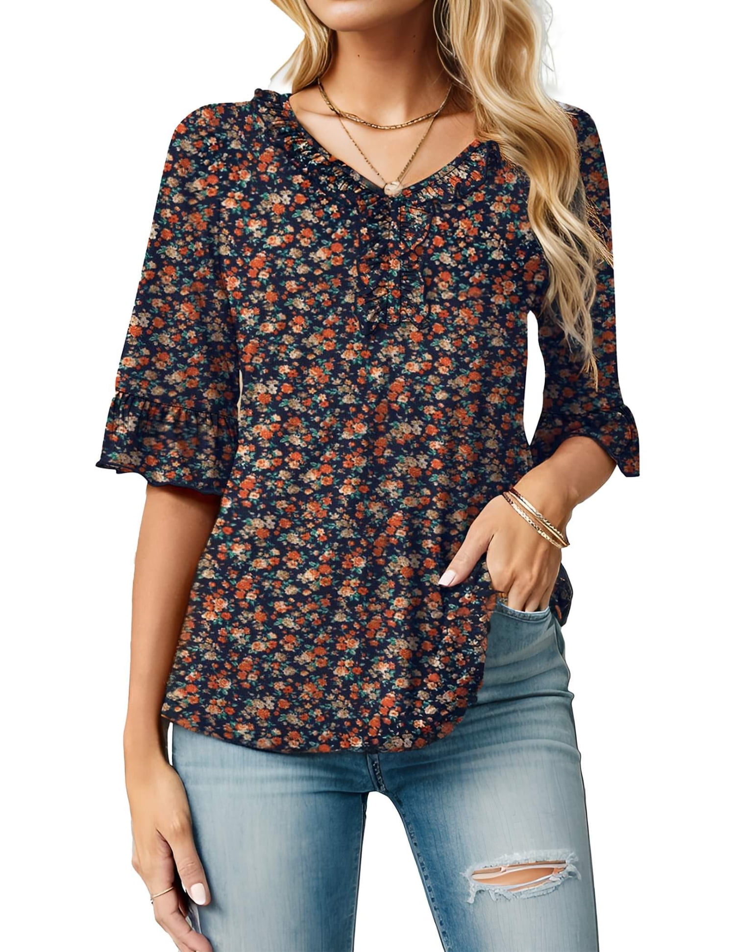 Wataxii Womens Blouses Tunic Tops V Neck 3/4 Bell Sleeve Tops Casual